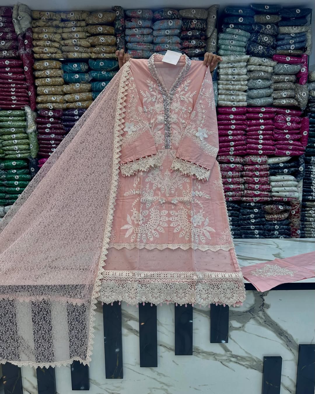 AFROOZ Elegant Blush Pink Embroidered 3-Piece Suit