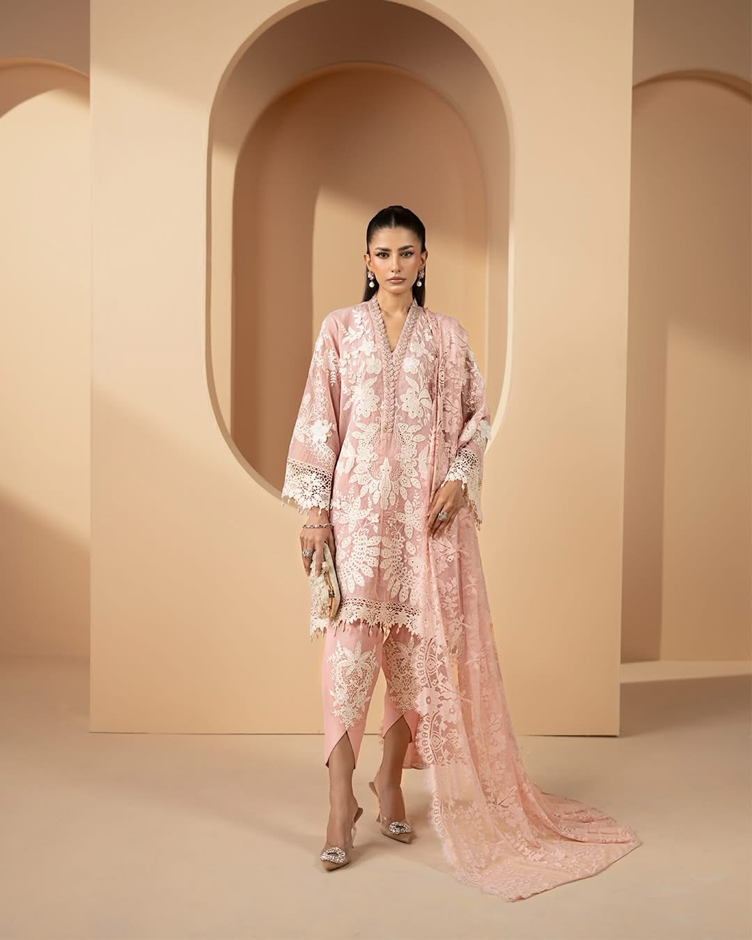 AFROOZ Elegant Blush Pink Embroidered 3-Piece Suit