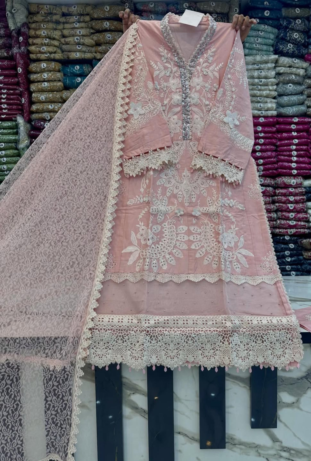 AFROOZ Elegant Blush Pink Embroidered 3-Piece Suit
