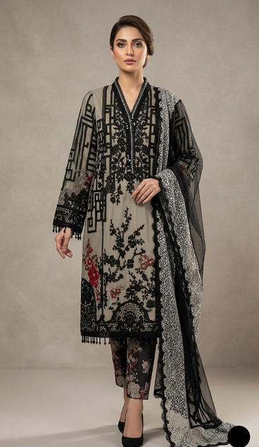 AFROOZE Luxury 3-Piece Embroidered Chiffon Suit