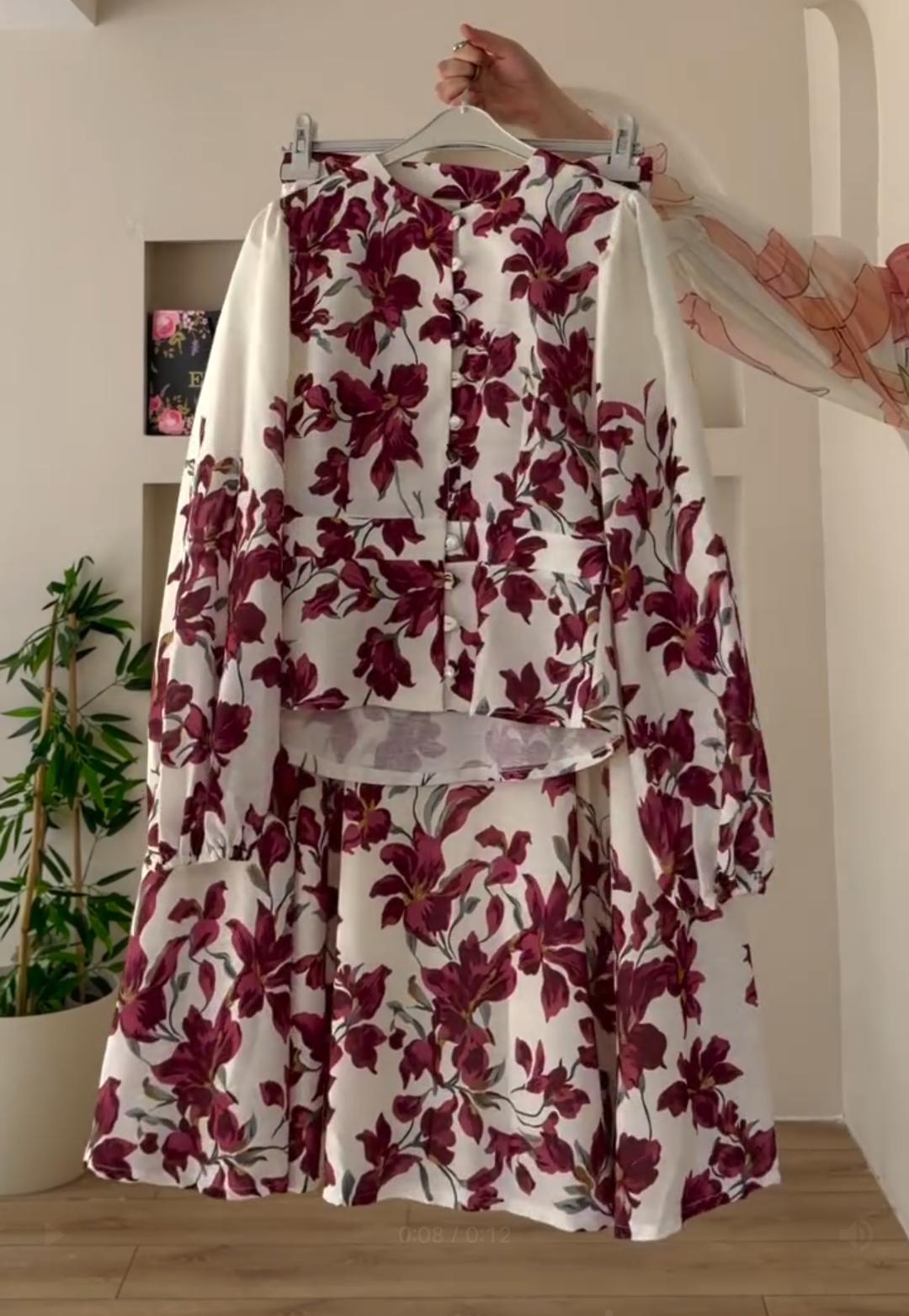 Elegant Floral Shirt  Skirt Set For Women