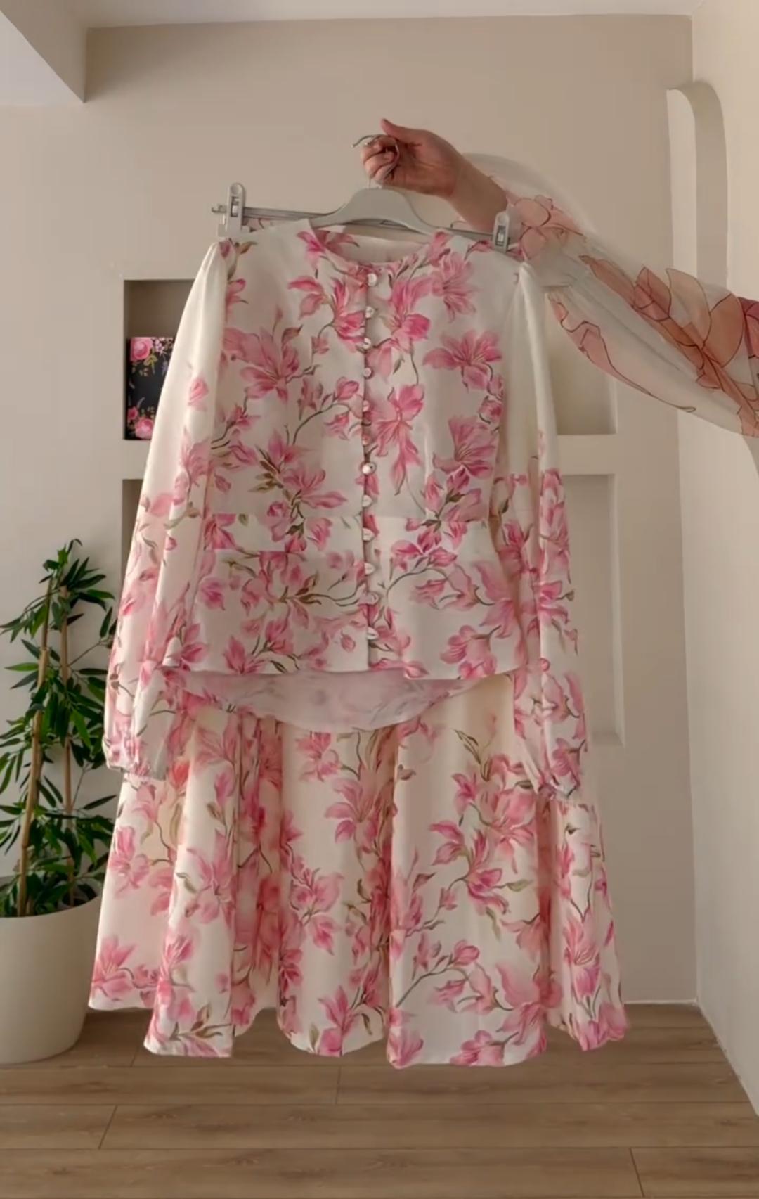 Elegant Floral Shirt  Skirt Set For Women
