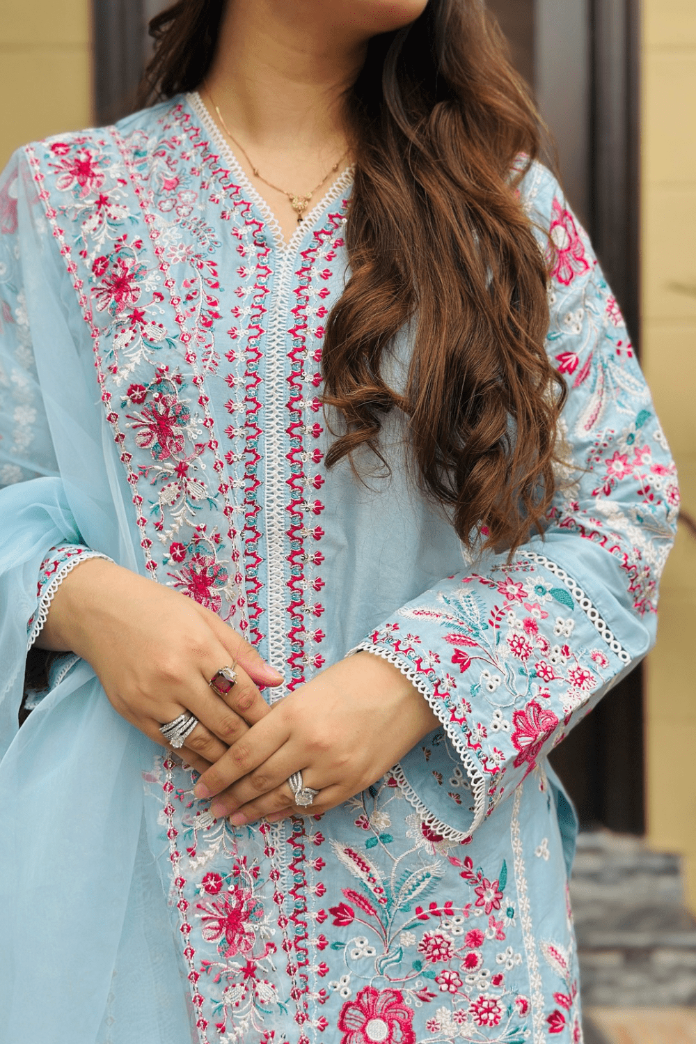 AFROOZE Embroidered Lawn Luxury Dress – Powder Blue