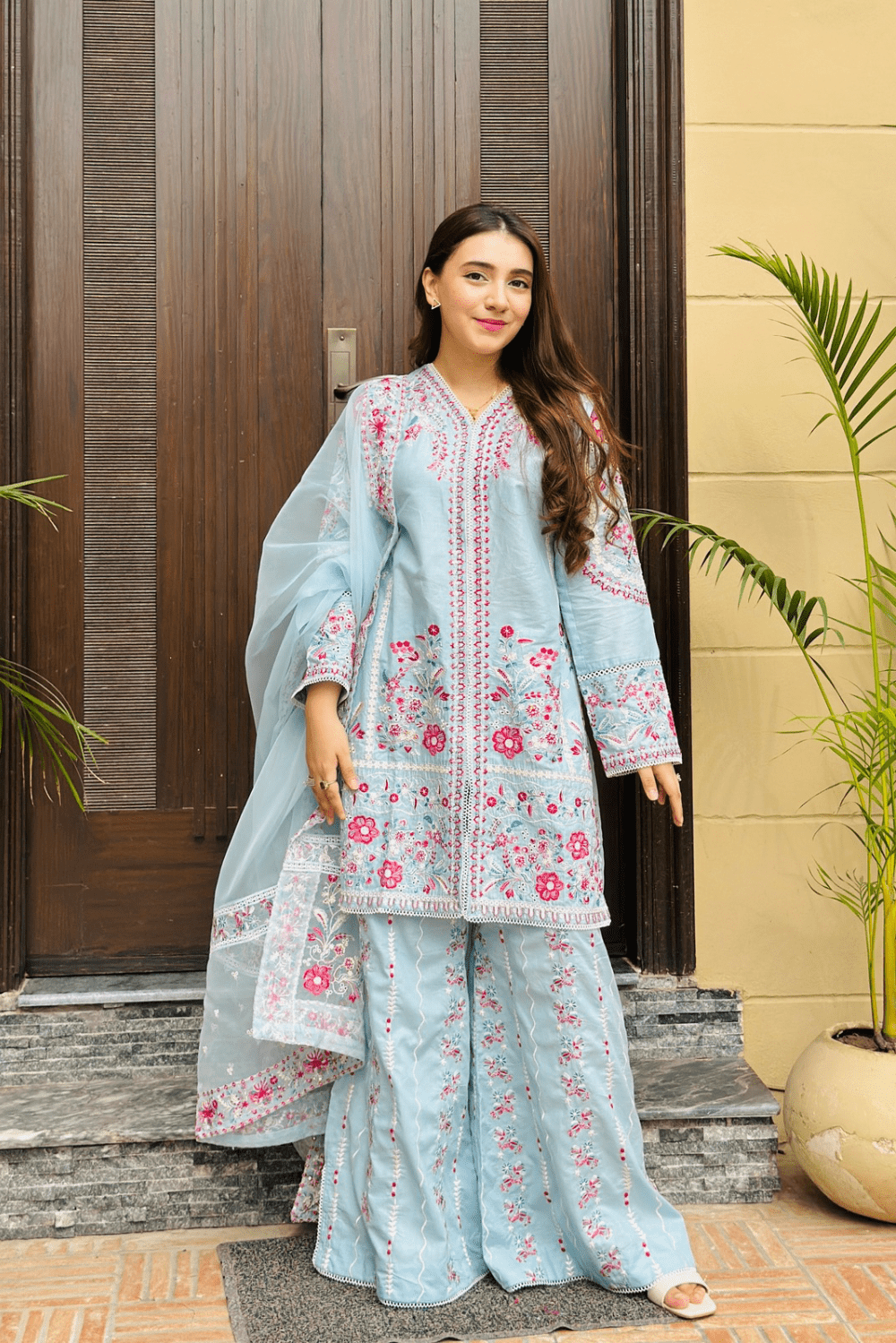 AFROOZE Embroidered Lawn Luxury Dress – Powder Blue